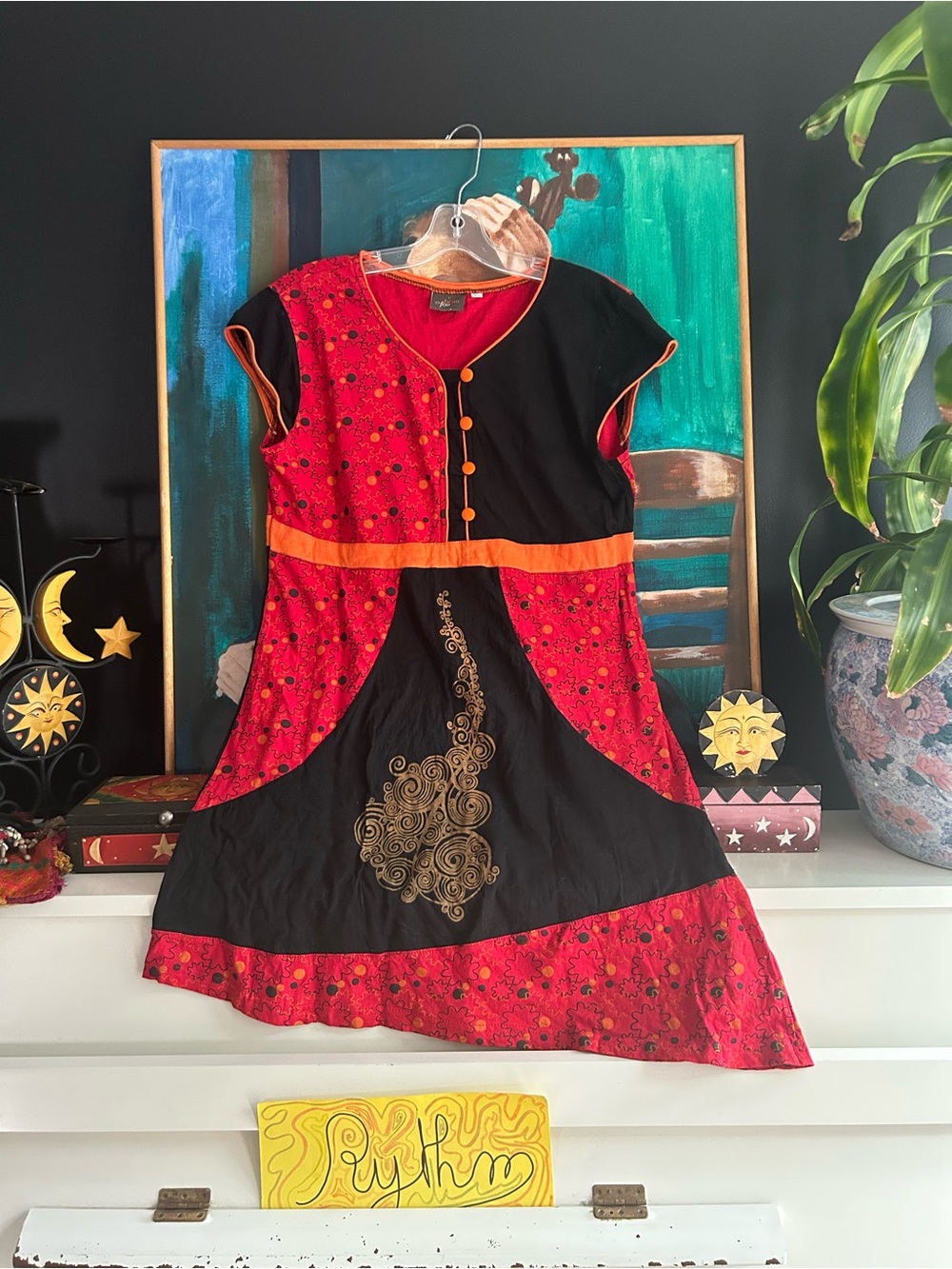 Beau et Fou XL Red Black Floral Cap Sleeve Dress with Embroidered Detail